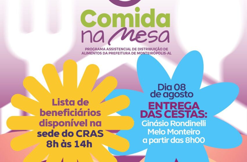 Programa “Comida na Mesa” realizará entrega de cestas básicas no dia 08 de agosto